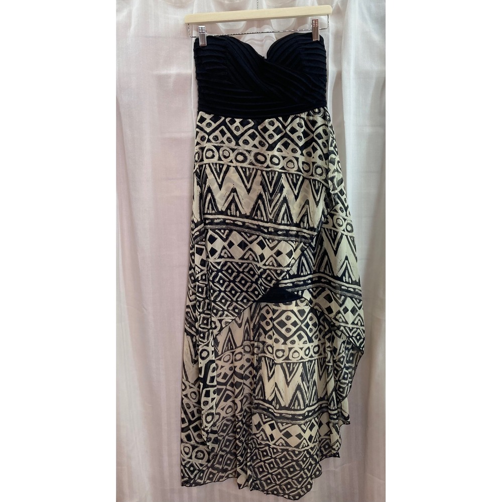 Black and Tan Tribal Print Strapless Maxi Dress Hi Low‎ Boho Geometric Flowy